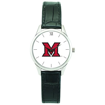 Women's Silver Miami University RedHawks Stainless Steel Watch with Leather Band