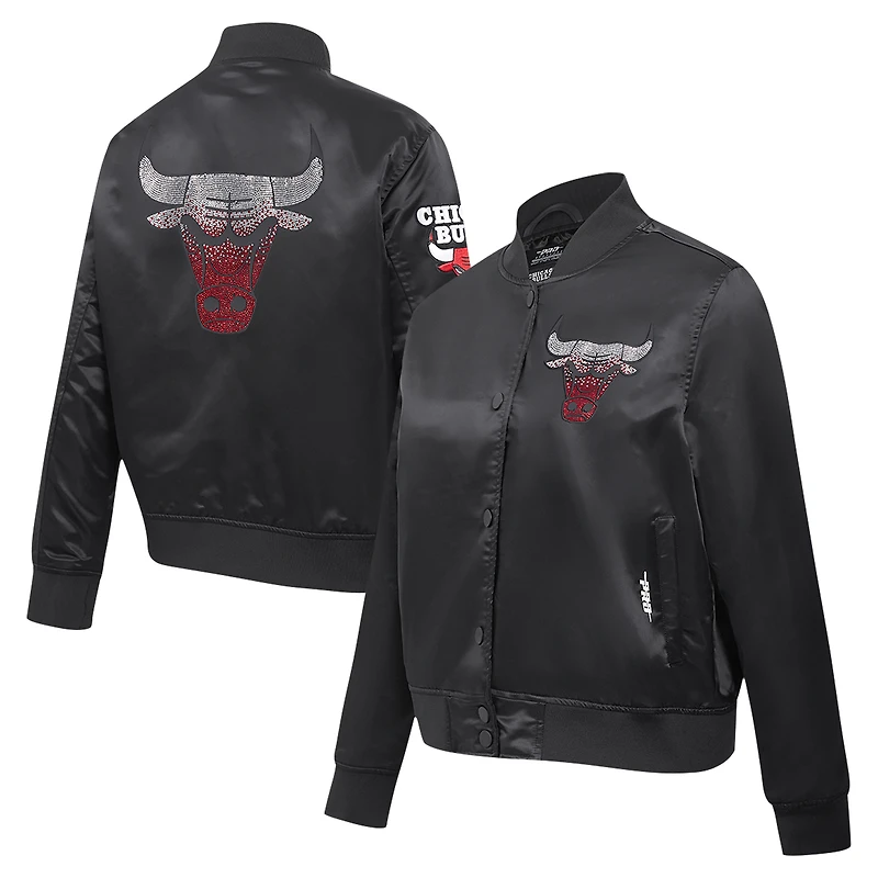 Women's Pro Standard Black Chicago Bulls Rhinestone Satin Full-Snap Jacket