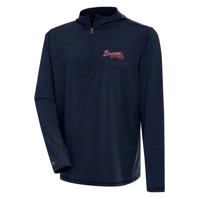 Men's Antigua Heather Navy Atlanta Braves Tidy Quarter-Zip Hoodie