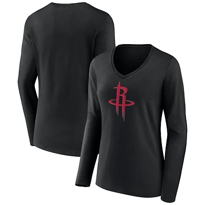 Women's Black Houston Rockets Primary Logo Long Sleeve V-Neck T-Shirt