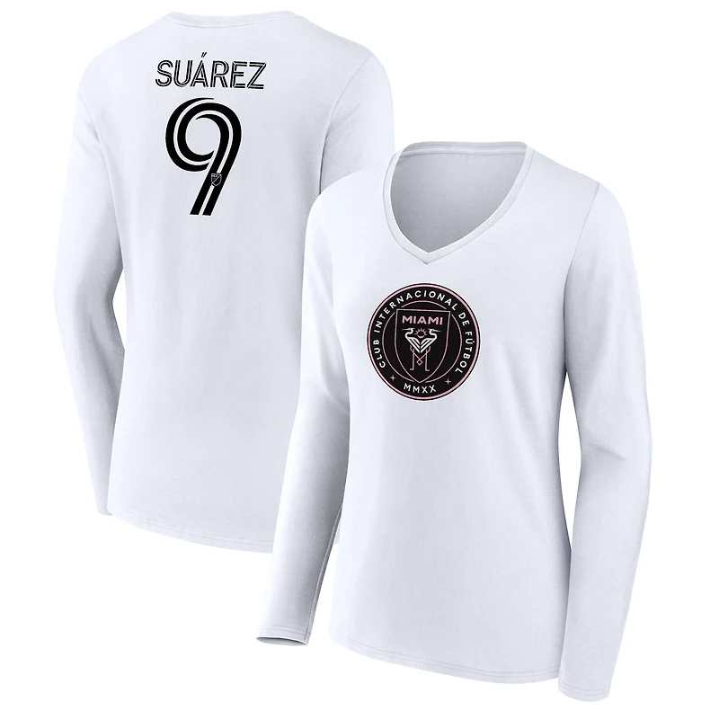 Women's Luis Suárez White Inter Miami CF Team Authentic Player Name & Number Long Sleeve V-Neck T-Shirt