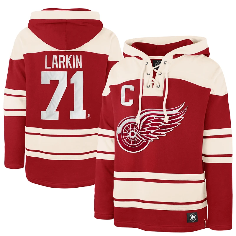 Men's '47 Dylan Larkin Red Detroit Red Wings Captain Patch Player Name & Number Lacer Pullover Hoodie
