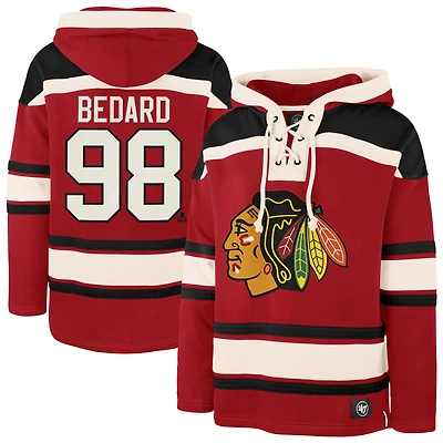 Men's '47 Connor Bedard Red Chicago Blackhawks Player Name & Number Lacer Pullover Hoodie