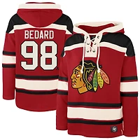 Men's '47 Connor Bedard Red Chicago Blackhawks Player Name & Number Lacer Pullover Hoodie