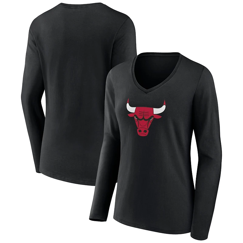 Women's Black Chicago Bulls Primary Logo Long Sleeve V-Neck T-Shirt