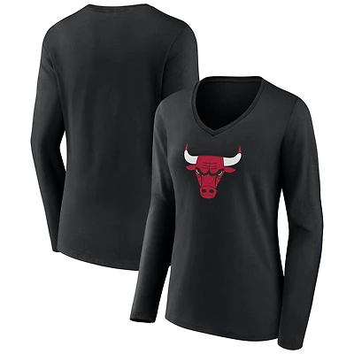 Women's Black Chicago Bulls Primary Logo Long Sleeve V-Neck T-Shirt