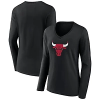 Women's Black Chicago Bulls Primary Logo Long Sleeve V-Neck T-Shirt