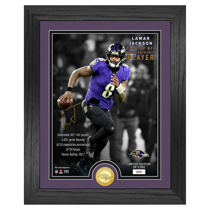 Highland Mint Lamar Jackson Baltimore Ravens 13" x 16" 2023 NFL MVP Bronze Coin Photo Mint