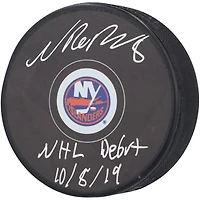 Noah Dobson New York Islanders Autographed Hockey Puck with "NHL Debut 10/8/19" Inscription