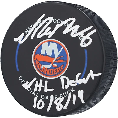 Noah Dobson New York Islanders Autographed Official Game Puck with "NHL Debut 10/8/19" Inscription