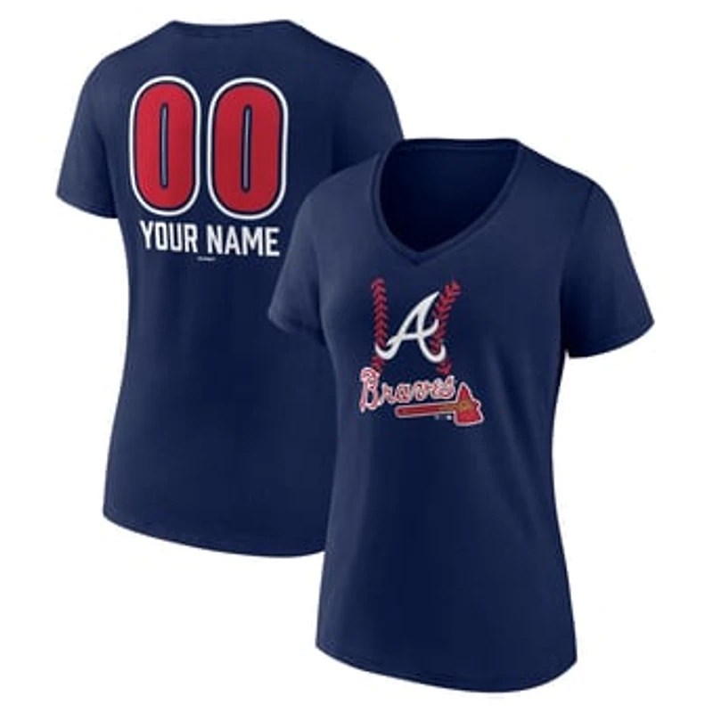 Women's  Navy Atlanta Braves Personalized Name & Number Fastball V-Neck T-Shirt