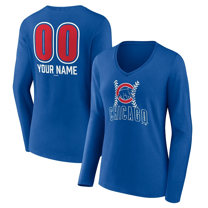 Women's  Royal Chicago Cubs Personalized Name & Number Fastball Long Sleeve V-Neck T-Shirt