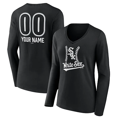Women's  Black Chicago White Sox Personalized Name & Number Fastball Long Sleeve V-Neck T-Shirt