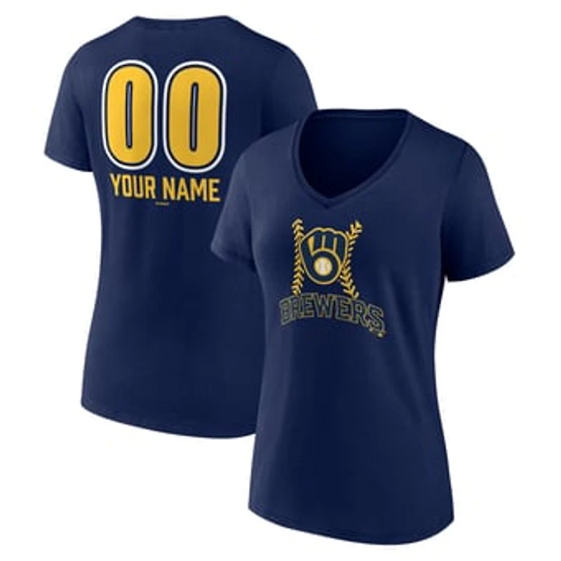 Women's Navy Milwaukee Brewers Personalized Name & Number Fastball V-Neck T-Shirt