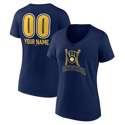 Women's  Navy Milwaukee Brewers Personalized Name & Number Fastball V-Neck T-Shirt