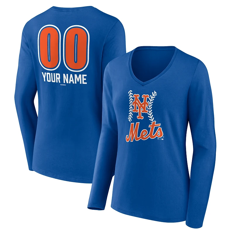 Women's  Royal New York Mets Personalized Name & Number Fastball Long Sleeve V-Neck T-Shirt