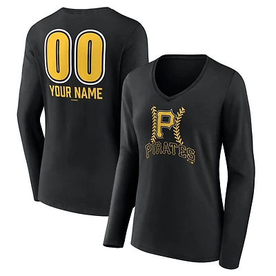 Women's  Black Pittsburgh Pirates Personalized Name & Number Fastball Long Sleeve V-Neck T-Shirt