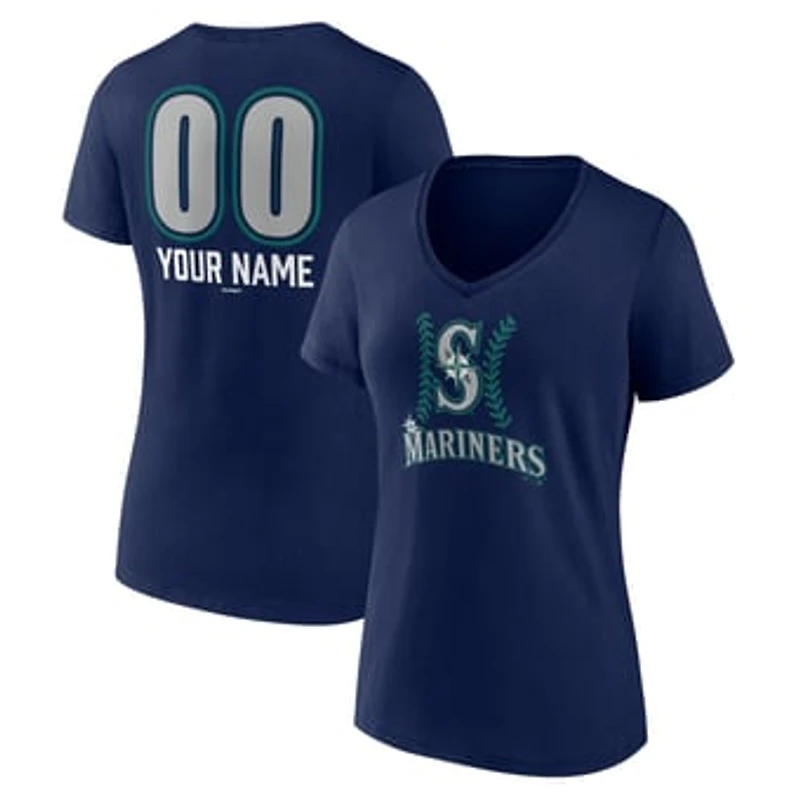 Women's Navy Seattle Mariners Personalized Name & Number Fastball V-Neck T-Shirt