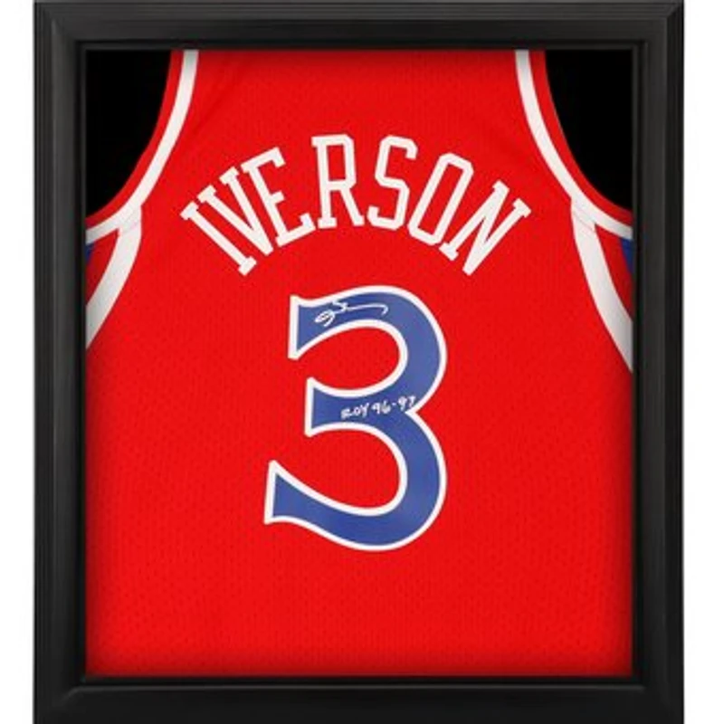 Allen Iverson Philadelphia 76ers Autographed Framed Mitchell & Ness 1996-97 Red Swingman Jersey with "ROY 96-97" Inscription