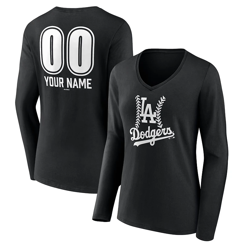Women's Black Los Angeles Dodgers Personalized Name & Number Fastball Long Sleeve V-Neck T-Shirt