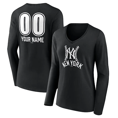 Women's  Black New York Yankees Personalized Name & Number Fastball Long Sleeve V-Neck T-Shirt
