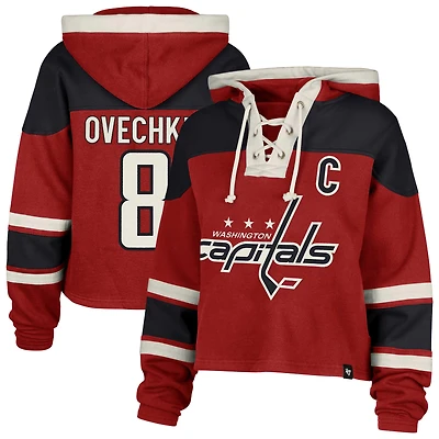 Women's '47 Alexander Ovechkin Red Washington Capitals Superior Lacer Cropped Pullover Hoodie