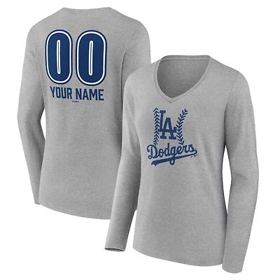 Women's  Gray Los Angeles Dodgers Personalized Name & Number Fastball Long Sleeve V-Neck T-Shirt