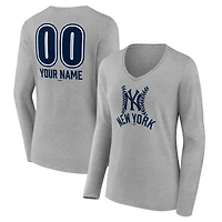 Women's  Gray New York Yankees Personalized Name & Number Fastball Long Sleeve V-Neck T-Shirt