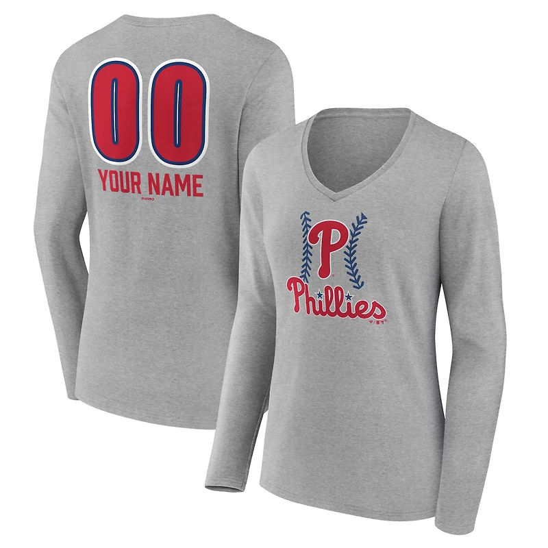 Women's  Gray Philadelphia Phillies Personalized Name & Number Fastball Long Sleeve V-Neck T-Shirt