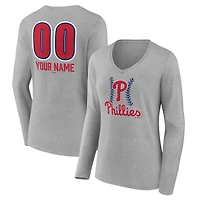 Women's  Gray Philadelphia Phillies Personalized Name & Number Fastball Long Sleeve V-Neck T-Shirt