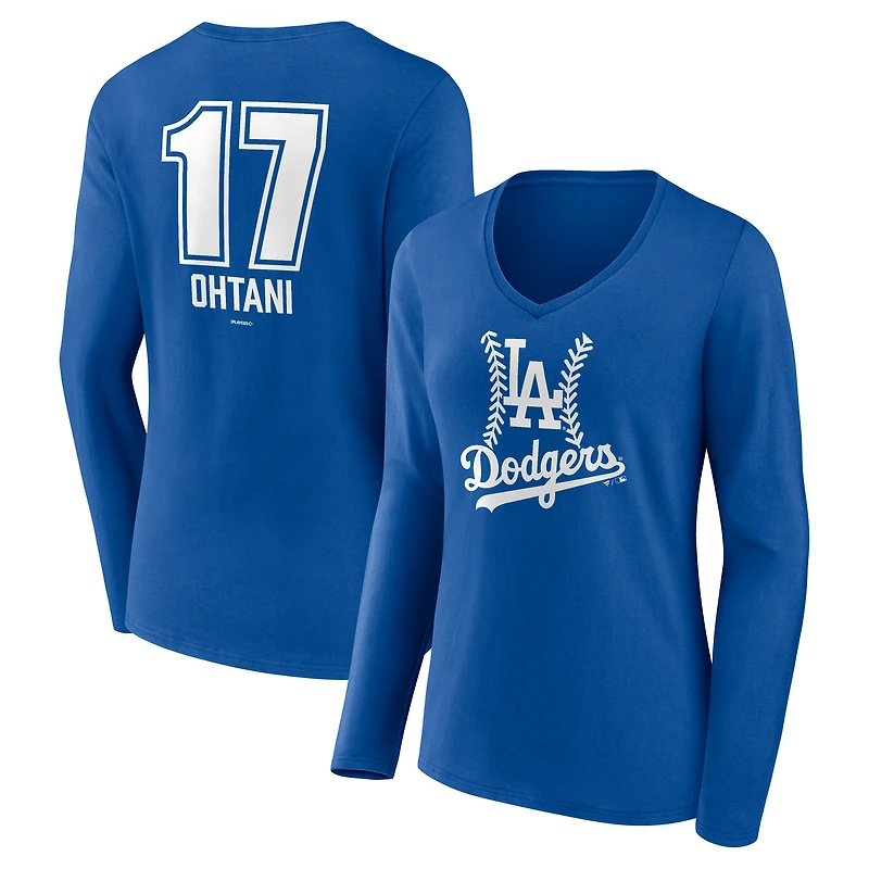 Women's Shohei Ohtani Royal Los Angeles Dodgers Fastball Player Name & Number Long Sleeve V-Neck T-Shirt