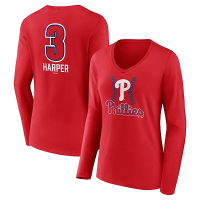 Women's Bryce Harper Red Philadelphia Phillies Fastball Player Name & Number Long Sleeve V-Neck T-Shirt