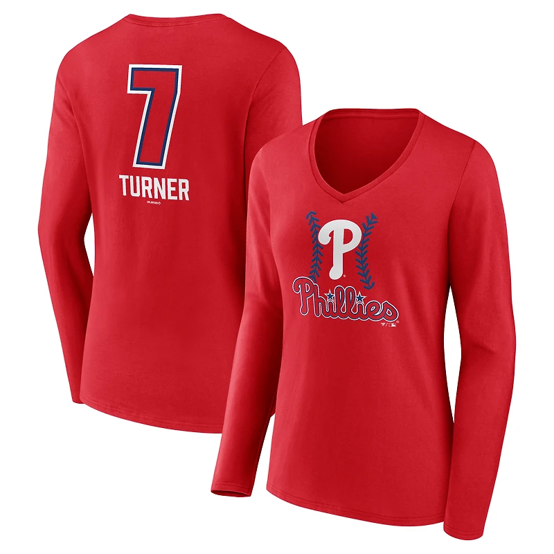 Women's Trea Turner Red Philadelphia Phillies Fastball Player Name & Number Long Sleeve V-Neck T-Shirt