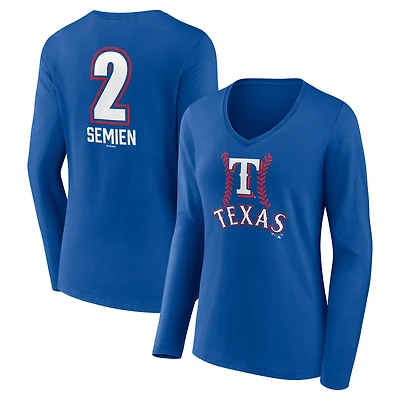 Women's Marcus Semien Royal Texas Rangers Fastball Player Name & Number Long Sleeve V-Neck T-Shirt