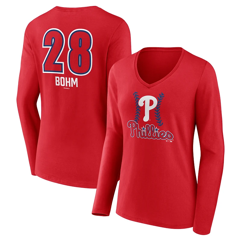 Women's Alec Bohm Red Philadelphia Phillies Fastball Player Name & Number Long Sleeve V-Neck T-Shirt