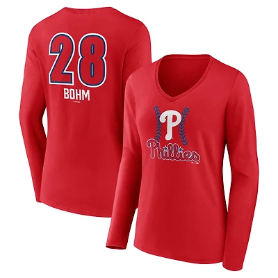 Women's Alec Bohm Red Philadelphia Phillies Fastball Player Name & Number Long Sleeve V-Neck T-Shirt