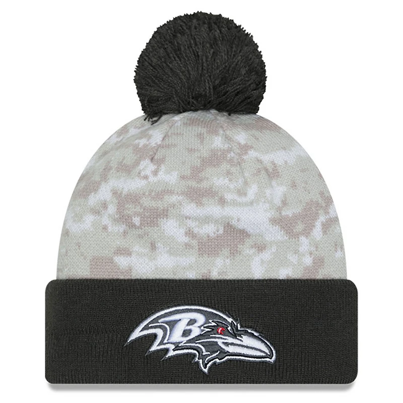 Men's New Era White/Graphite Baltimore Ravens 2024 Salute To Service Digital Camo Cuffed Knit Hat with Pom