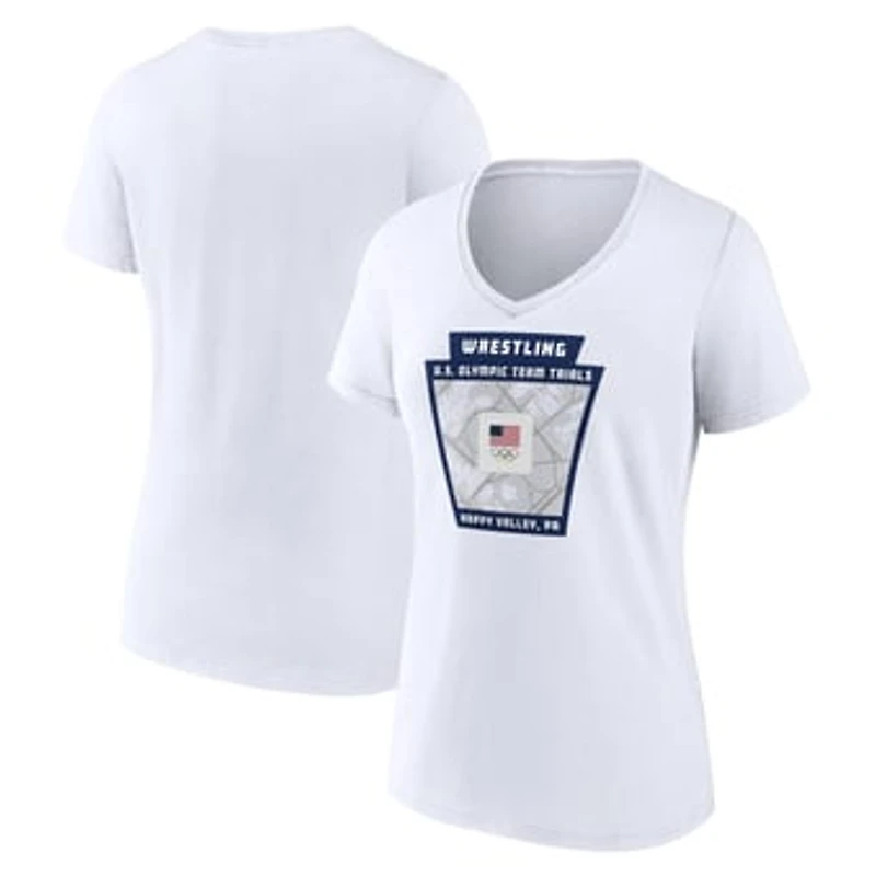 Women's White Team USA U.S. Olympic Team Wrestling Trials Keystone Map V-Neck T-Shirt