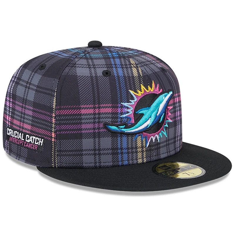Men's New Era Black Miami Dolphins 2024 NFL Crucial Catch Plaid 59FIFTY Fitted Hat