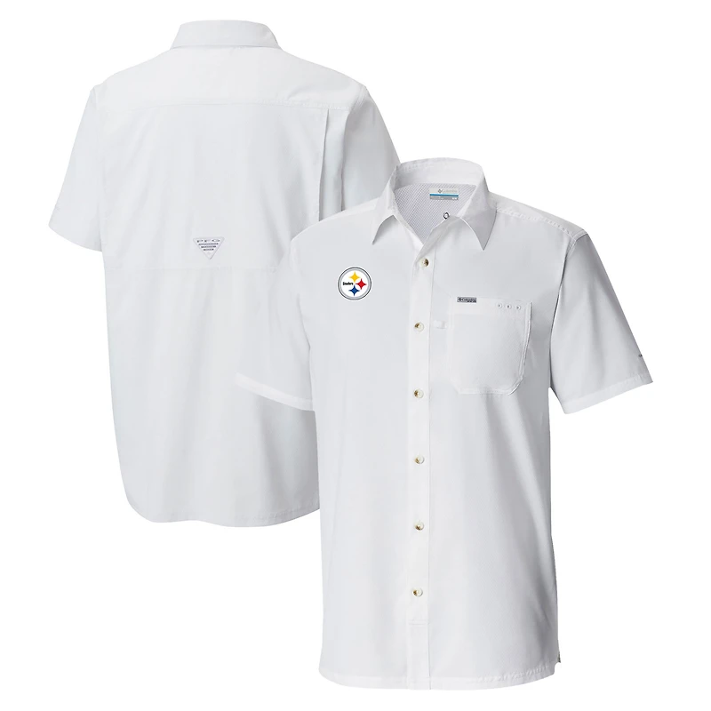 Men's Columbia White Pittsburgh Steelers Slack Tide Omni-Wick Button-Up Camp Shirt