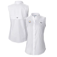 Women's Columbia  White Pittsburgh Steelers PFG Tamiami Omni-Shade Sleeveless Button-Up Shirt