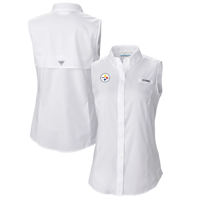 Women's Columbia  White Pittsburgh Steelers PFG Tamiami Omni-Shade Sleeveless Button-Up Shirt