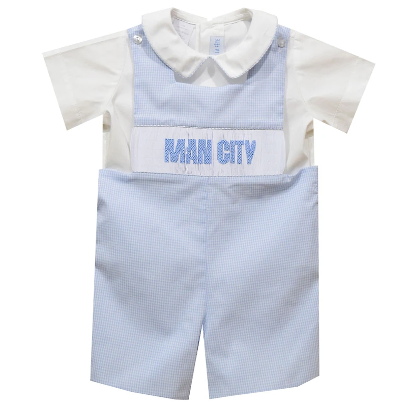 Toddler Vive La Fete Sky Blue Manchester City Gingham Smocked Jon Jon Romper