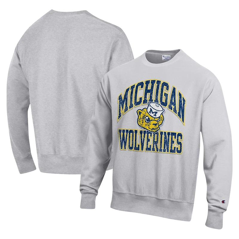 Men's Champion Heather Gray Michigan Wolverines Vault Late Night Reverse Weave Pullover Sweatshirt