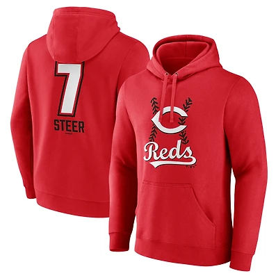 Men's Spencer Steer Red Cincinnati Reds Name & Number Fastball Pullover Hoodie