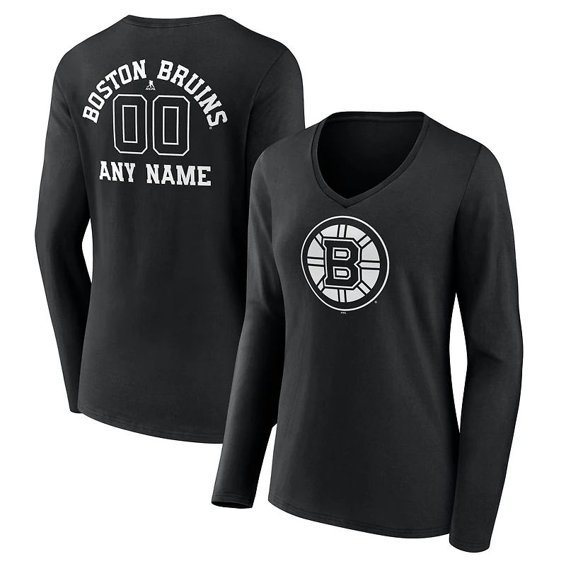 Women's Black Boston Bruins Personalized Name & Number Monochrome Long Sleeve V-Neck T-Shirt