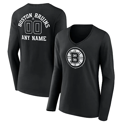 Women's Black Boston Bruins Personalized Name & Number Monochrome Long Sleeve V-Neck T-Shirt
