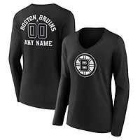 Women's Black Boston Bruins Personalized Name & Number Monochrome Long Sleeve V-Neck T-Shirt