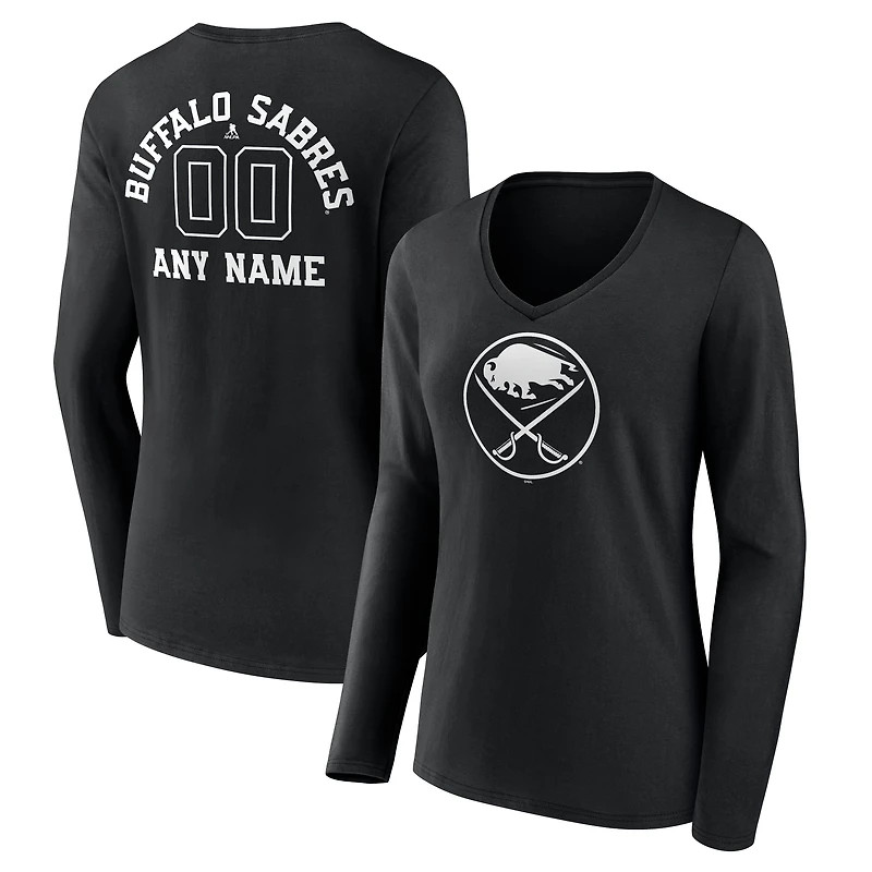 Women's Black Buffalo Sabres Personalized Name & Number Monochrome Long Sleeve V-Neck T-Shirt