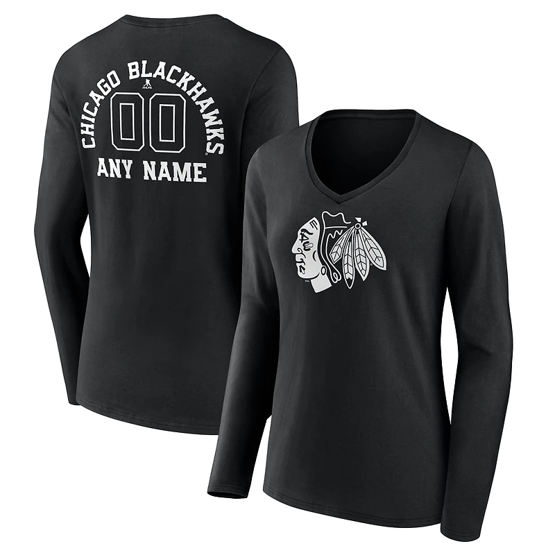 Women's Black Chicago Blackhawks Personalized Name & Number Monochrome Long Sleeve V-Neck T-Shirt